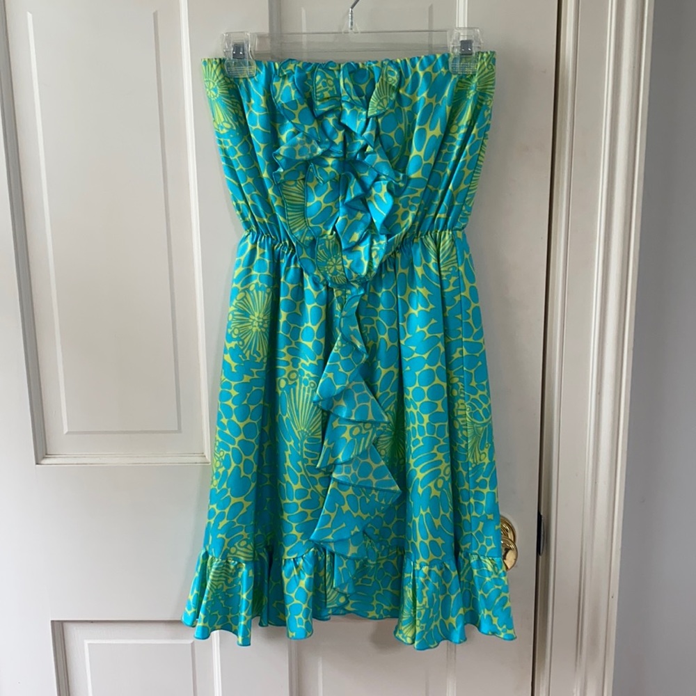 Strapless Lilly Pulitzer Green and Blue Silk Ruffle Dress